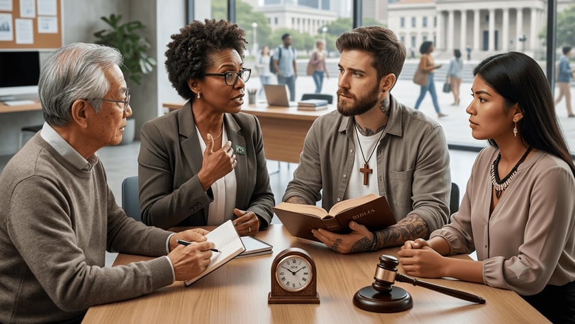 Três pessoas conversam em uma mesa com martelo de juiz, relógio e Bíblia, diante de janela.