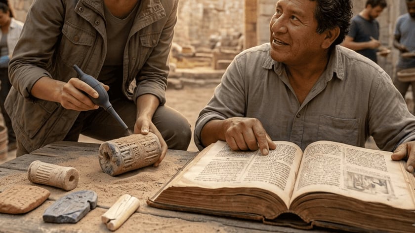 Mulher limpa um selo cilíndrico antigo enquanto um homem aponta para um livro aberto, entre ruínas.