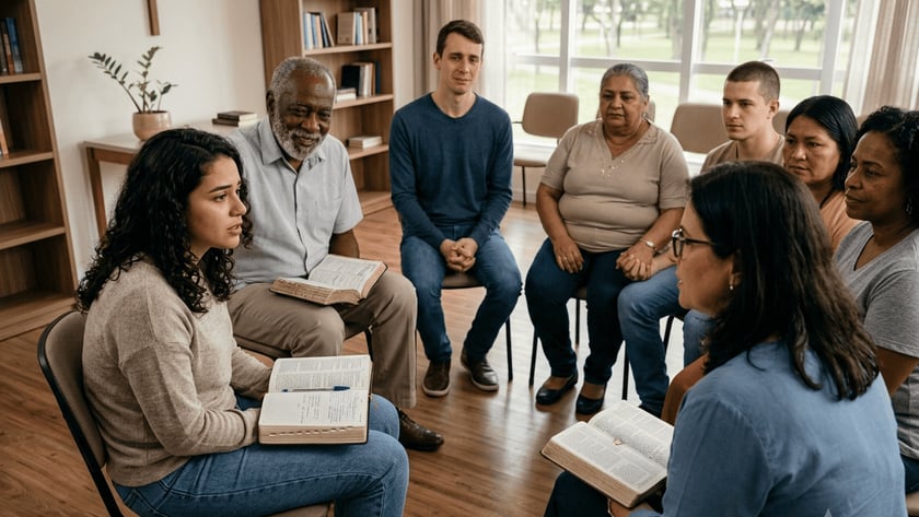 Grupo de pessoas sentadas em círculo numa sala, com Bíblias abertas, conversando.