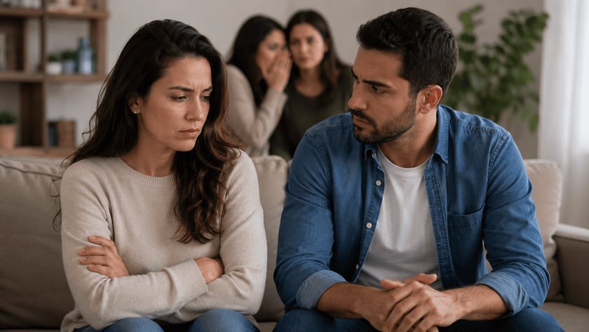 Mulher de braços cruzados e homem a observando num sofá; duas mulheres cochicham ao fundo.