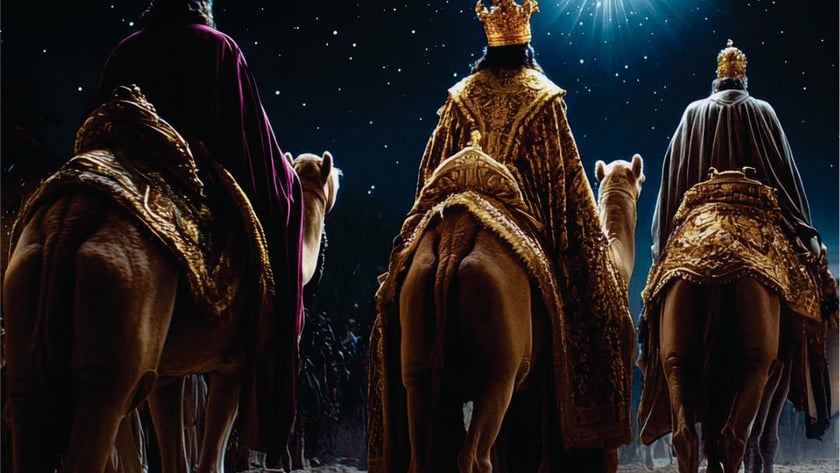 Três reis coroados, de costas, cavalgam camelos no deserto rumo a uma estrela brilhante.