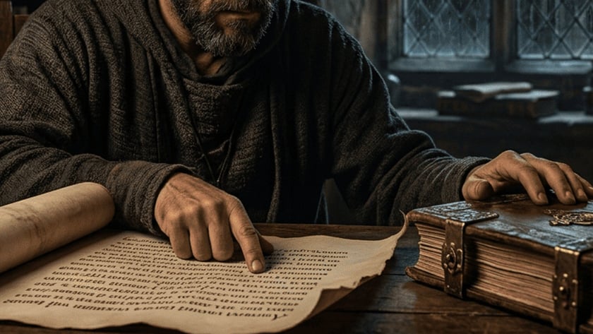 Homem barbudo de capuz aponta um pergaminho sobre a mesa, perto de um livro antigo.