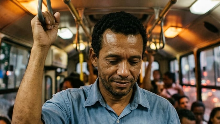 Homem de camisa azul lê um livro em pé dentro de um ônibus com passageiros sentados.