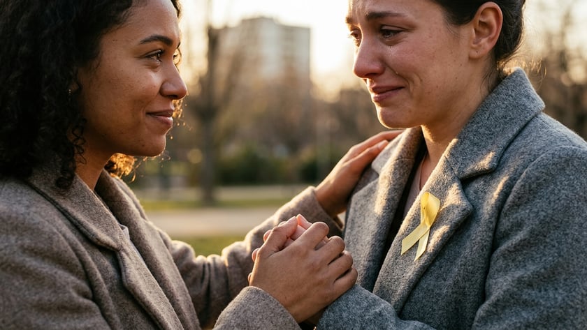 Duas mulheres de casaco se olham em um parque, de mãos dadas; uma chora.