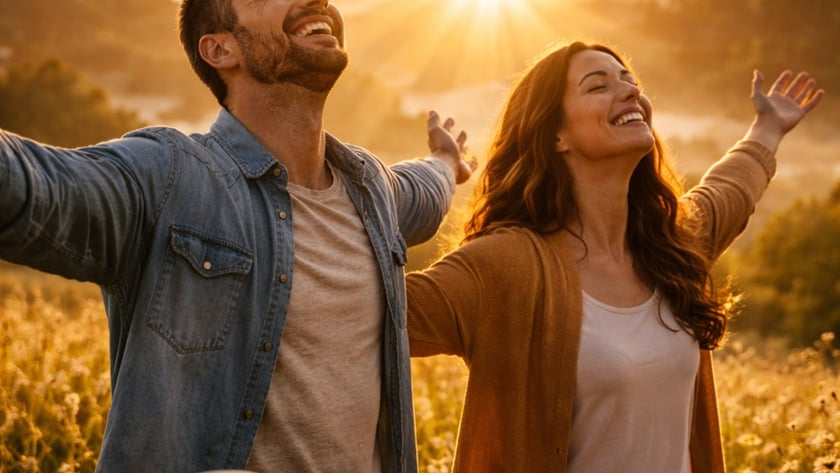Homem e mulher sorrindo, de braços abertos num campo de flores ao nascer do sol