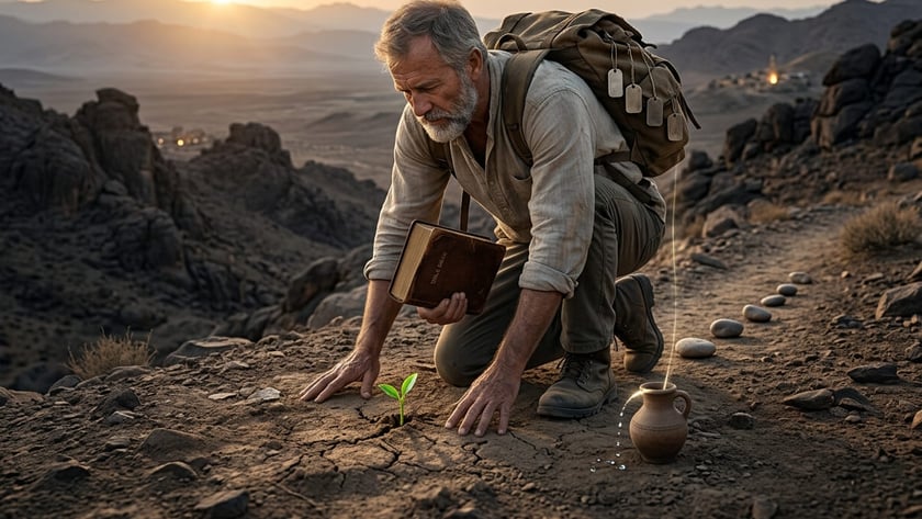 Homem grisalho ajoelhado em terreno árido toca um pequeno broto verde, segurando um livro.
