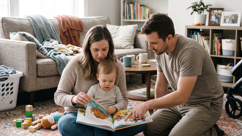 Mulher, homem e criança pequena sentados no tapete da sala, olhando juntos um livro ilustrado.