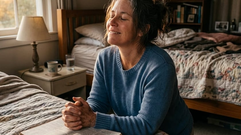 Mulher de suéter azul com as mãos unidas sobre uma Bíblia aberta na cama.