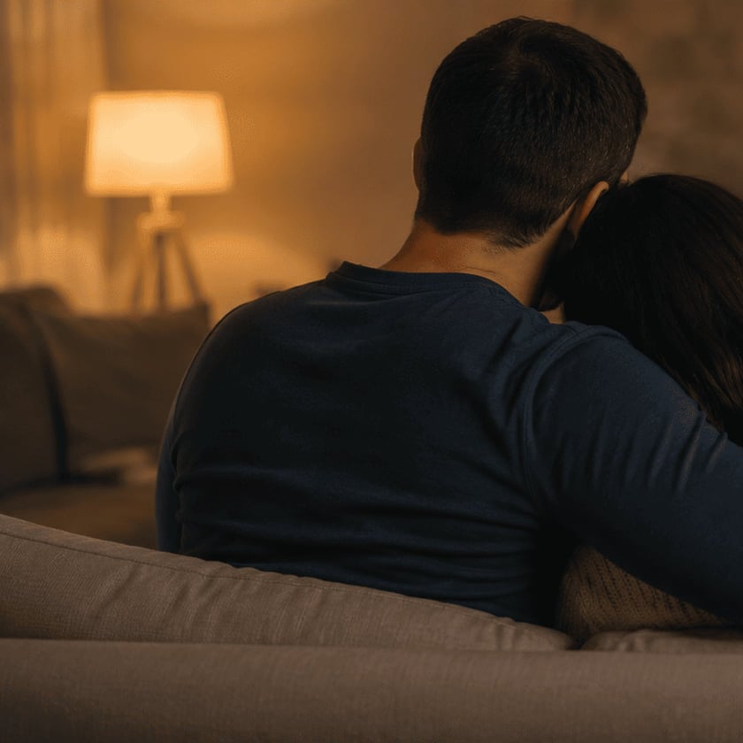 Casal abraçado de costas em um sofá, em uma sala com abajur aceso.
