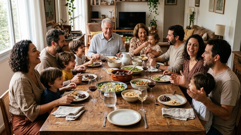 Família de várias gerações almoça sorrindo em volta de uma grande mesa de madeira.