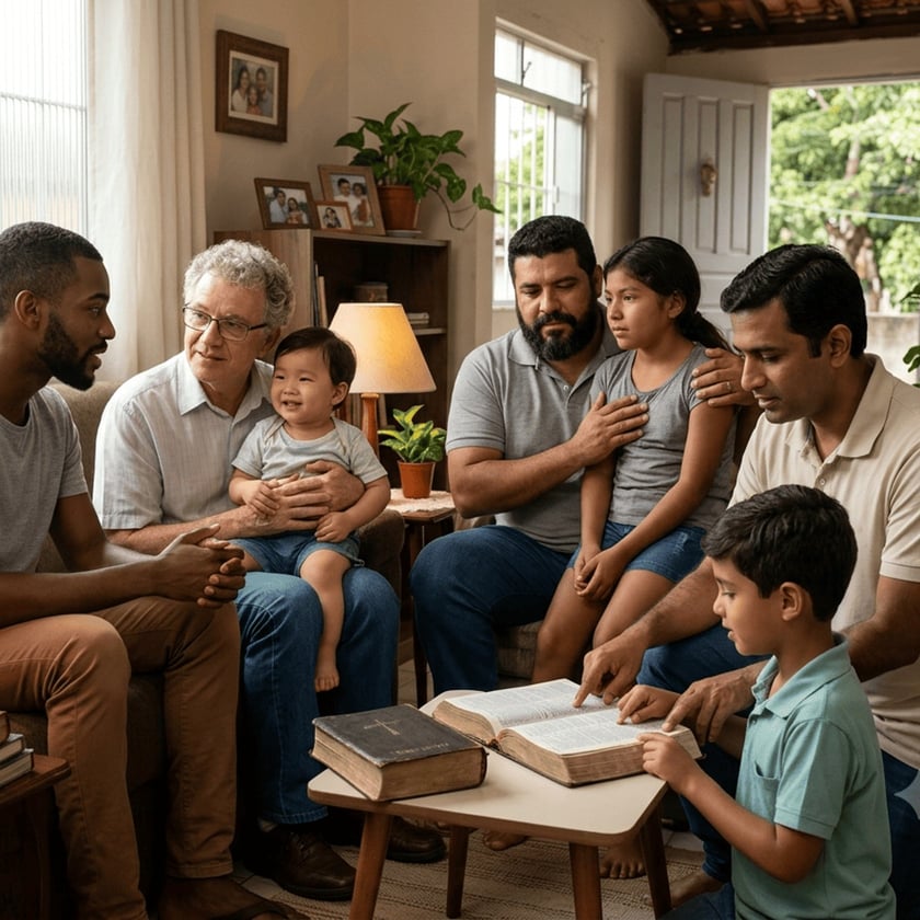 Homens e crianças reunidos numa sala, lendo uma Bíblia aberta sobre a mesa de centro.
