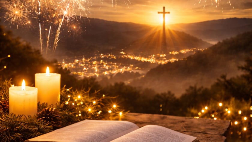 Bíblia aberta e velas acesas numa mesa, com fogos de artifício e cruz sobre vale iluminado.