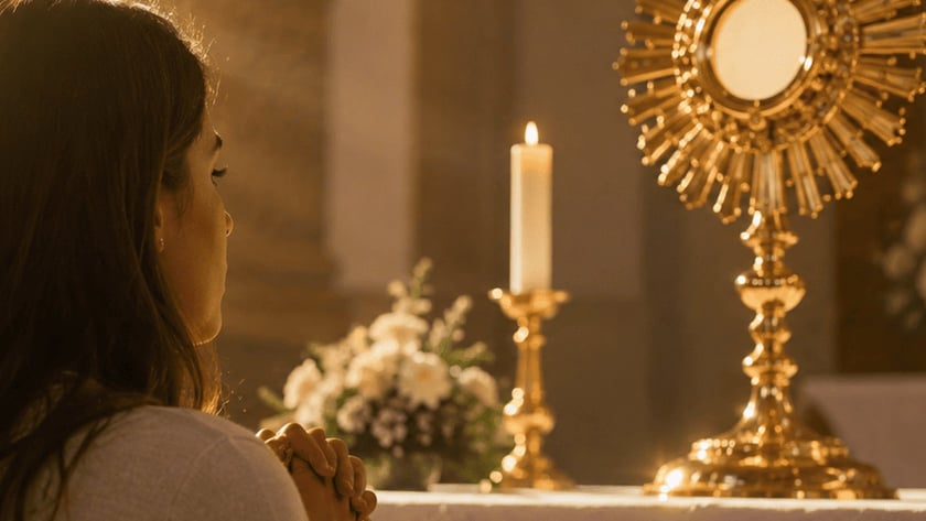 Mulher de cabelos castanhos reza de mãos juntas diante de um ostensório dourado no altar.