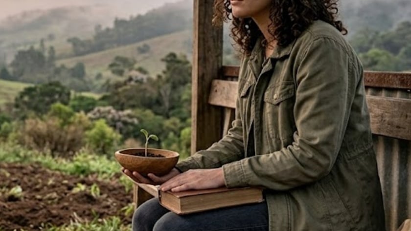 Mulher de cabelo cacheado senta em um banco de madeira segurando uma tigela com broto e um livro.