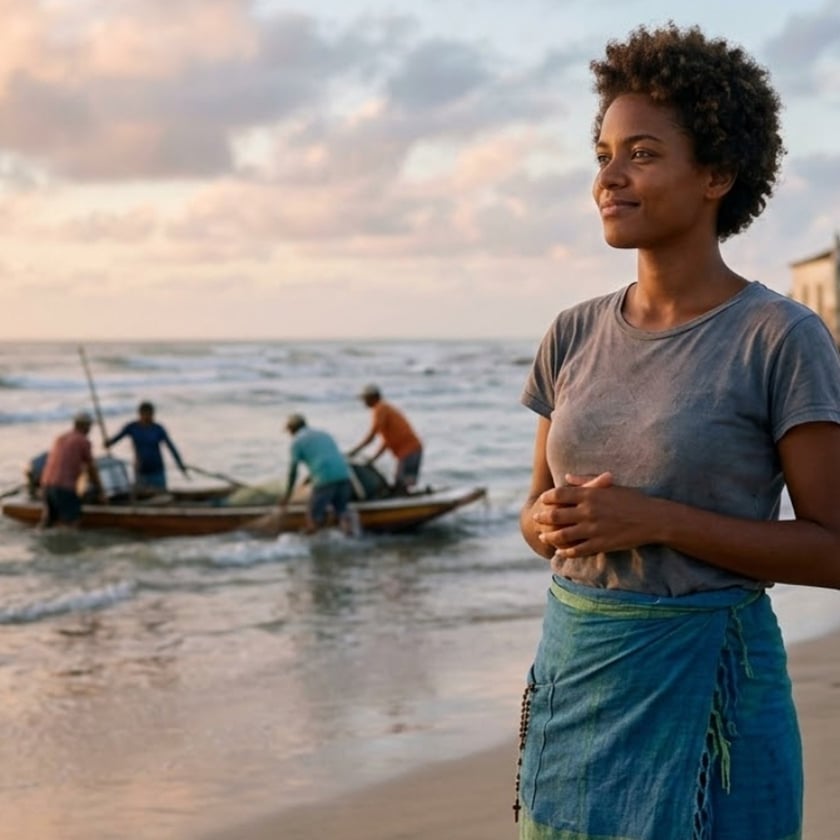Mulher de cabelo curto em pé na praia, com pescadores em um barco ao fundo.