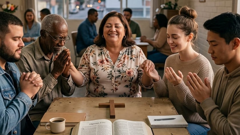Cinco pessoas oram ao redor de uma mesa com Bíblia aberta e cruz de madeira.
