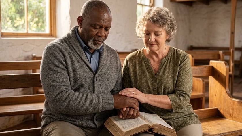 Homem e mulher idosos sentados em um banco de igreja, de mãos dadas, com uma Bíblia aberta.