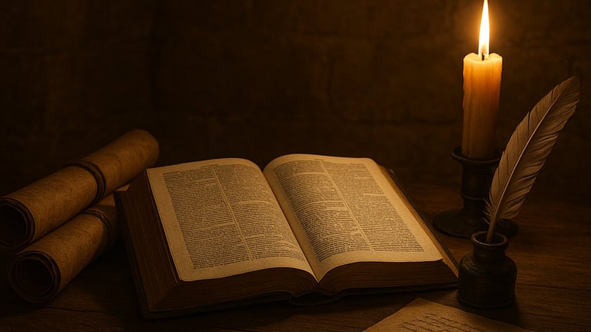 Livro aberto, pergaminhos enrolados, vela acesa, pena no tinteiro e folha manuscrita sobre mesa