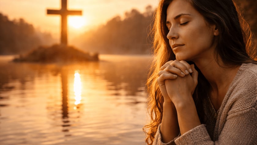Mulher de olhos fechados e mãos unidas, ao lado de uma Bíblia aberta, diante de um lago.