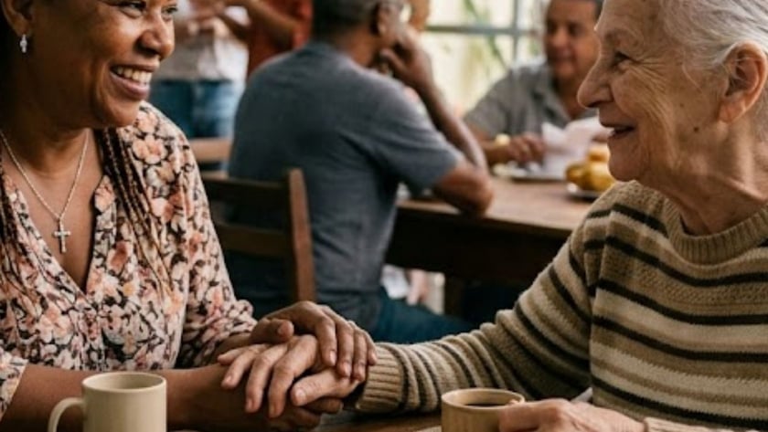 Mulher de tranças sorri à mesa, segurando a mão de outra pessoa, com café, biscoitos e Bíblia.