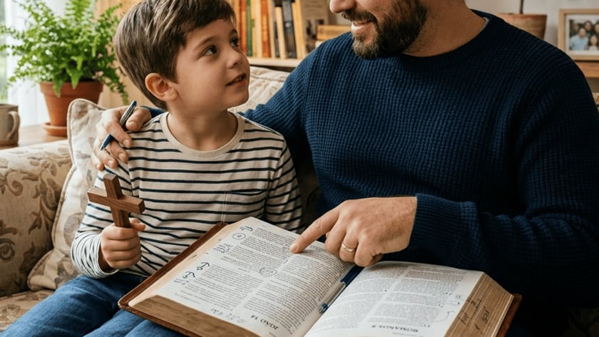 Pai e filho sentados no sofá, com uma Bíblia aberta no colo e uma cruz de madeira.