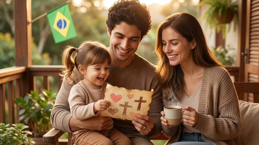 Casal sorri com criança no colo segurando desenho de corações e cruzes numa varanda.