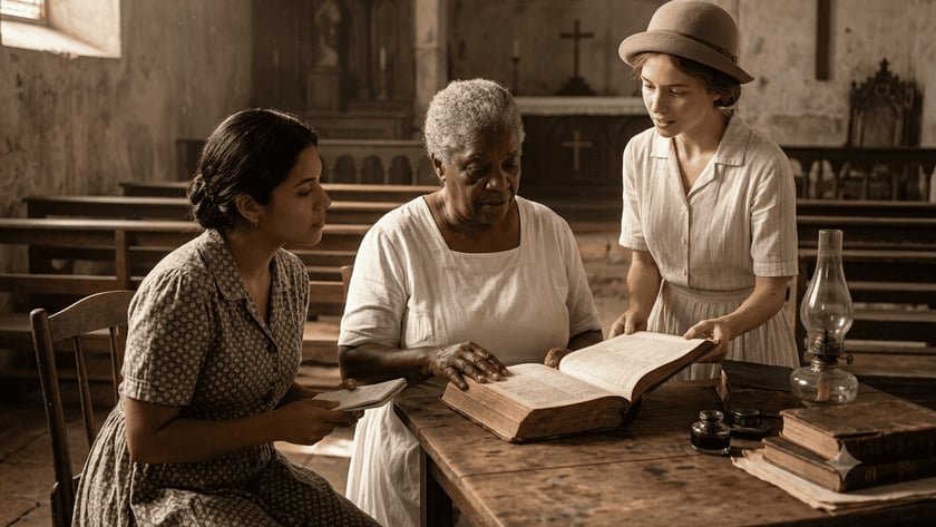 Três mulheres ao redor de uma mesa em uma igreja antiga, lendo uma Bíblia grande.