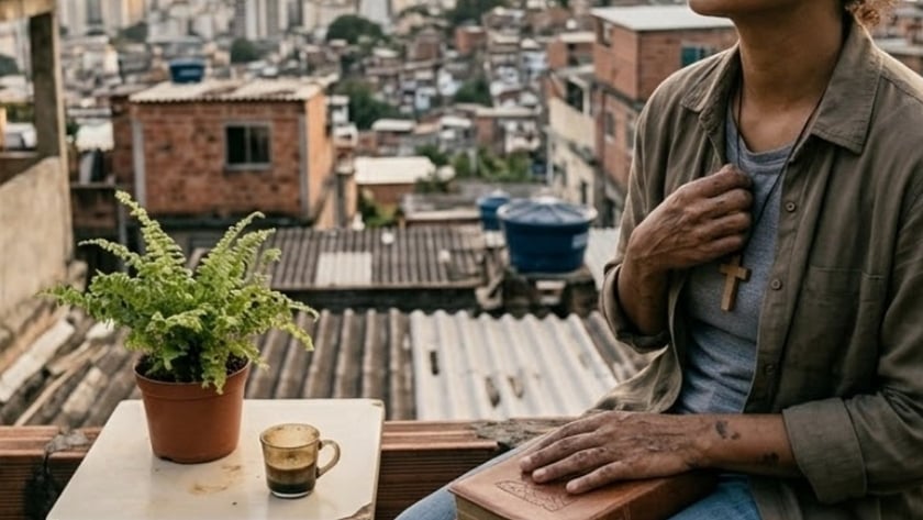 Mulher sorridente com Bíblia no colo e cruz no peito, numa varanda sobre uma favela.