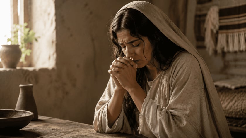 Mulher com manto claro na cabeça reza de olhos fechados, mãos unidas, junto a uma mesa de madeira.