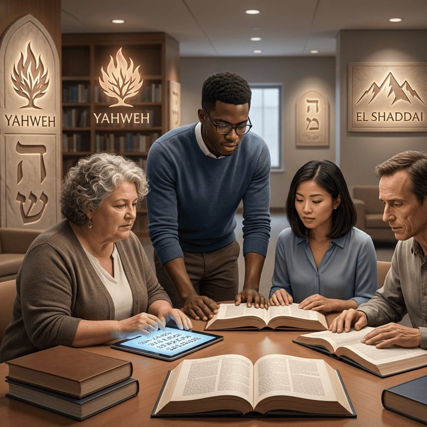 Quatro pessoas estudam livros abertos e um tablet numa biblioteca