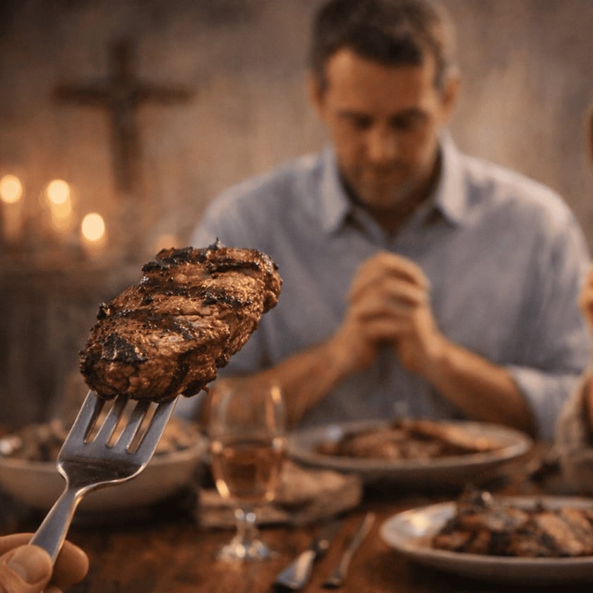 Homem de mãos postas, de cabeça baixa, à mesa com pratos de carne e um garfo em primeiro plano.