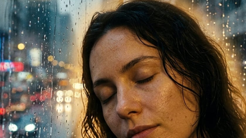 Mulher de cabelo escuro e molhado, olhos fechados, encosta o rosto em vidro com gotas de chuva.