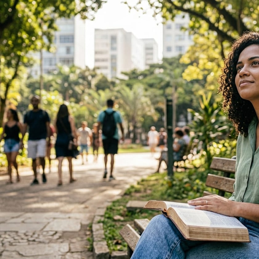 Mulher de cabelo cacheado senta num banco de parque com uma Bíblia aberta no colo.