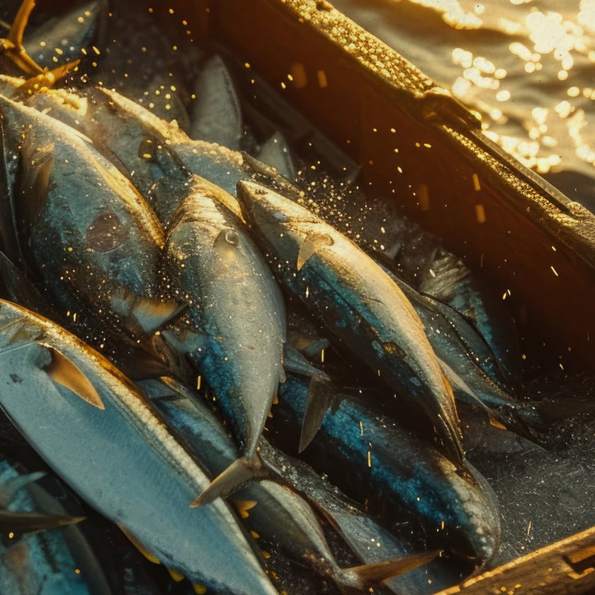 Atuns prateados e azulados amontoados em uma caixa de madeira ao lado do mar.