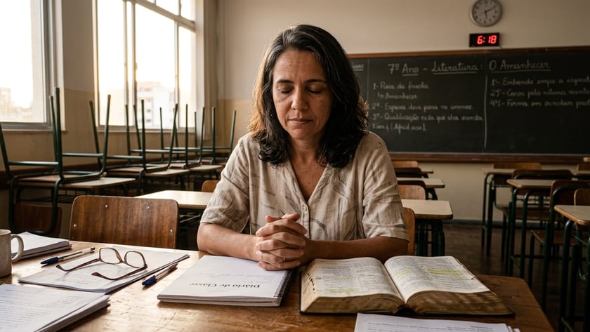 Mulher de olhos fechados e mãos juntas à mesa numa sala de aula: "Diário de Classe".