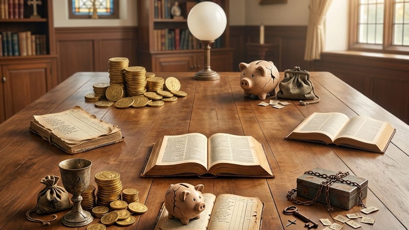 Mesa de madeira com moedas douradas, cofrinhos de porquinho rachados