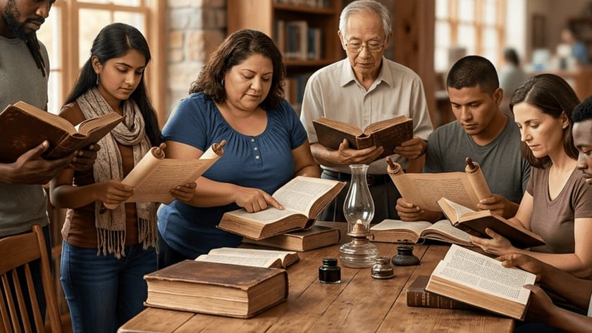 Grupo diverso de pessoas lê livros antigos e pergaminhos ao redor de uma mesa de madeira.