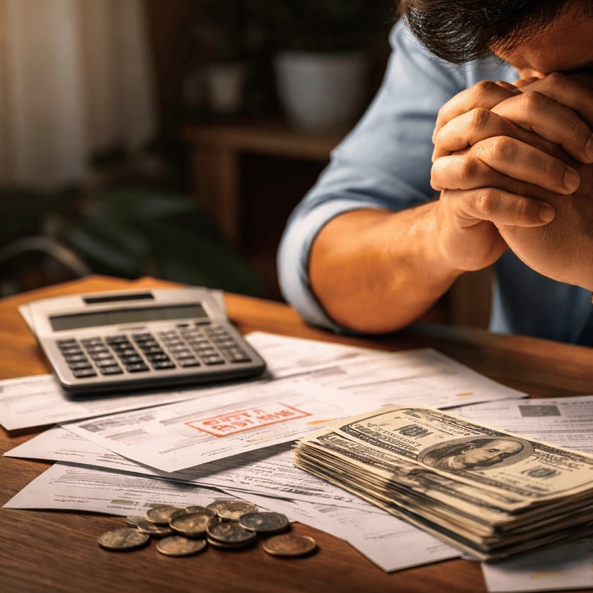 Homem com as mãos unidas no rosto diante de contas, calculadora, notas de dólar e moedas.