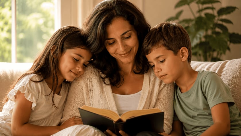 Mulher lê um livro aberto, abraçada por uma menina e um menino.