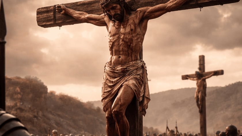 Homem coroado de espinhos crucificado em cruz de madeira, com soldados e multidão ao fundo.