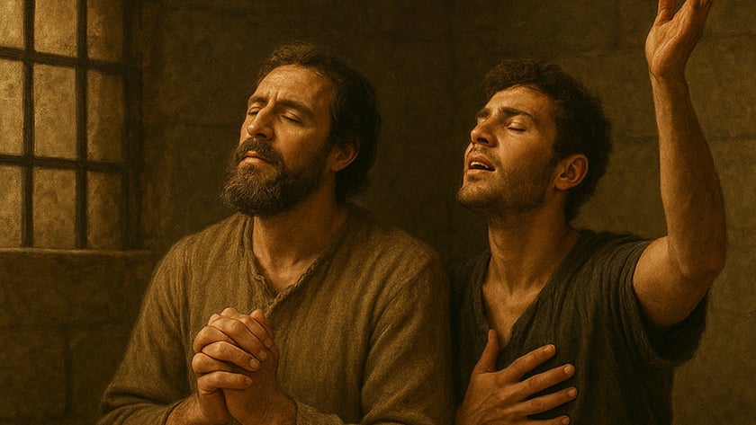 Dois homens ajoelhados em uma cela com grade, um com as mãos unidas e outro com o braço erguido.