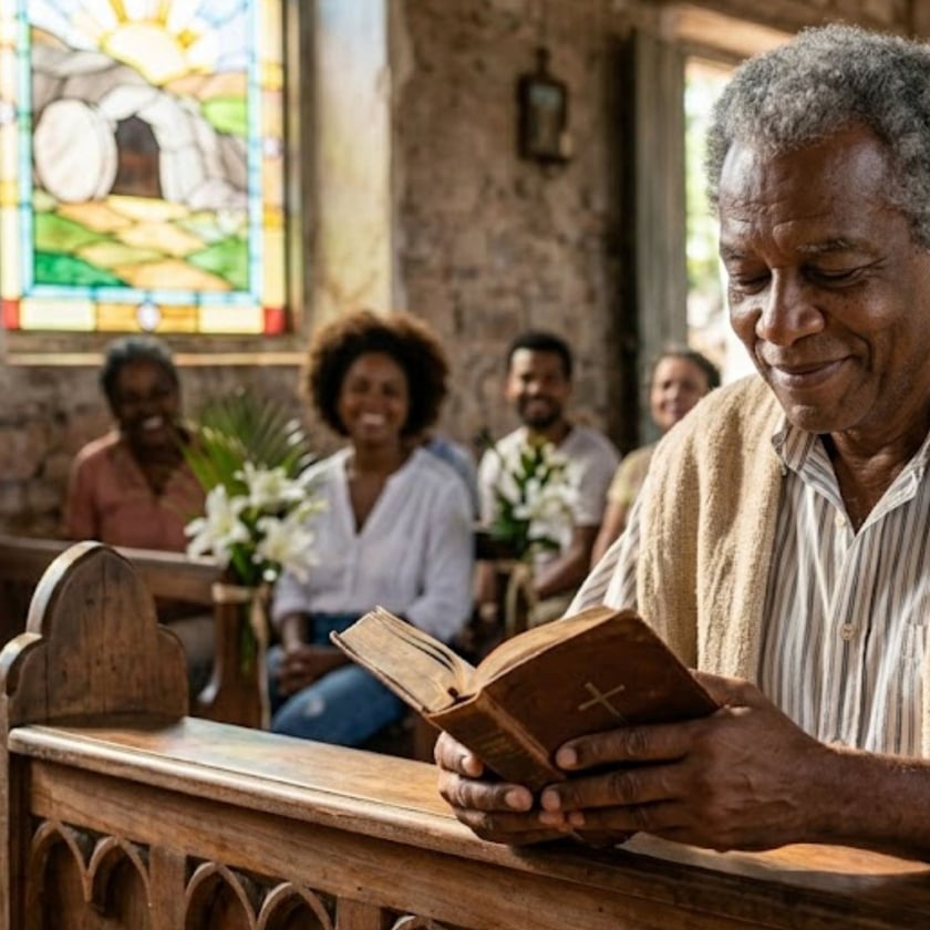 Homem grisalho lê uma Bíblia num banco de igreja, com pessoas sorrindo ao fundo.