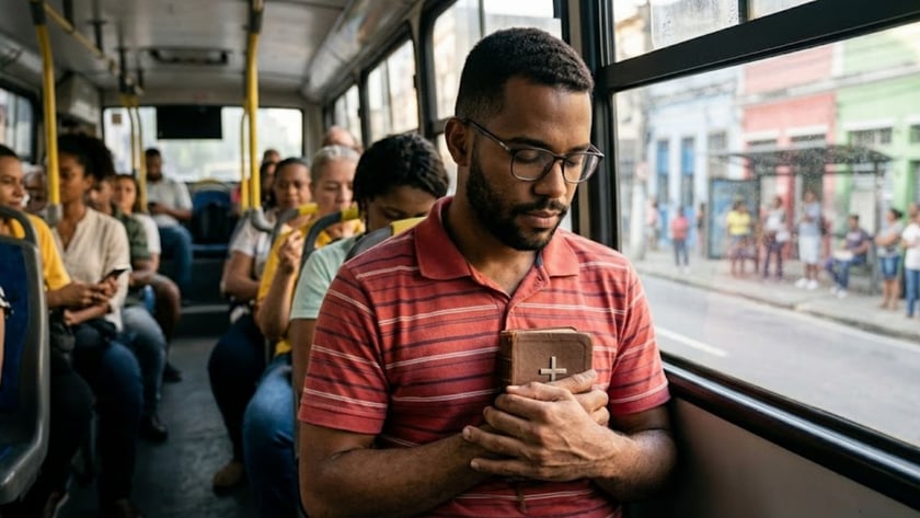 Homem de óculos e barba segura uma Bíblia junto ao peito dentro de um ônibus.