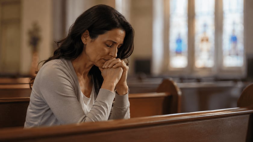 Mulher de cabelo escuro, com as mãos unidas junto ao rosto, reza sentada num banco de igreja.