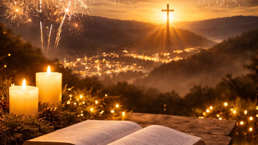Bíblia aberta e velas acesas numa mesa, com fogos de artifício e cruz sobre vale iluminado.