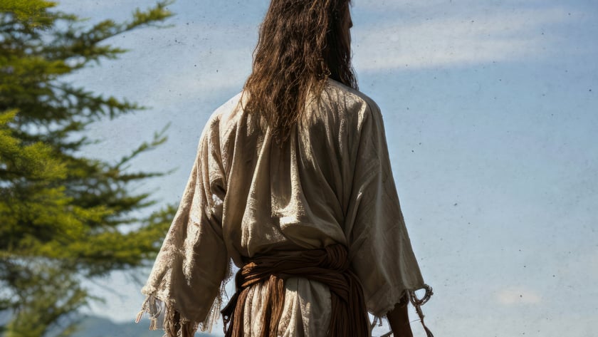 Homem de costas, com cabelo comprido e túnica clara, observa montanhas ao lado de um pinheiro.