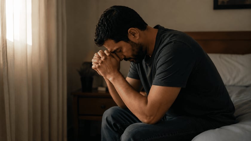 Homem de barba e camiseta escura, sentado na cama, com as mãos unidas junto ao rosto.
