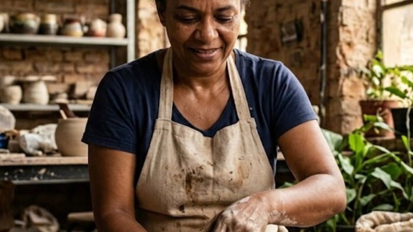 Mulher de avental modela um vaso de argila no torno.