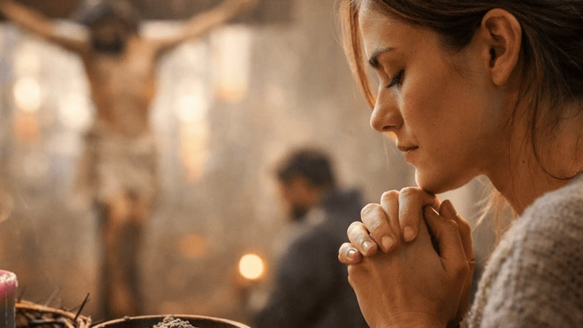 Mulher de olhos fechados e mãos juntas reza diante de um crucifixo