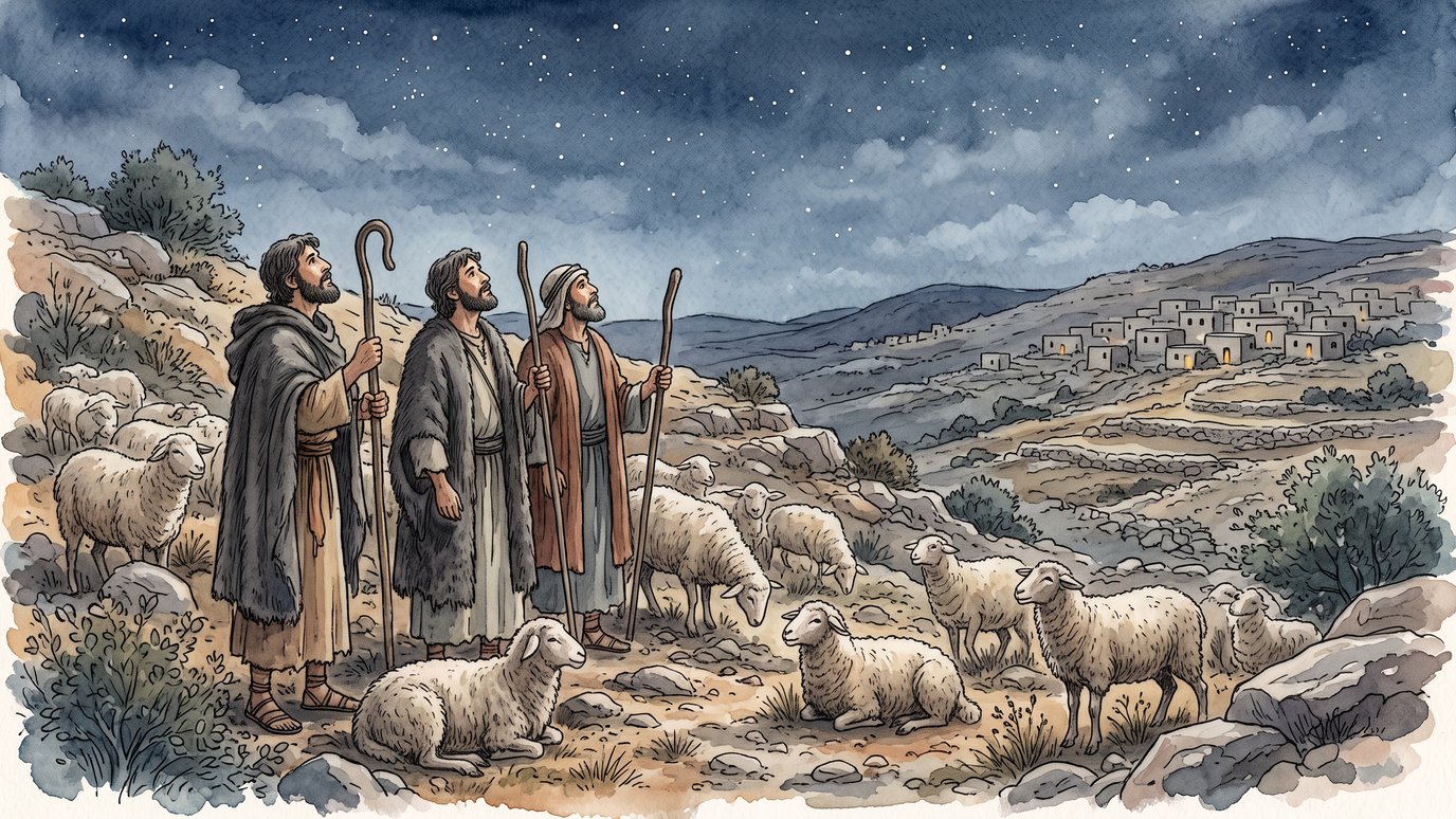 Três pastores com cajados olham o céu estrelado, cercados de ovelhas numa colina.